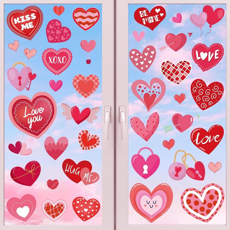 Traplace 80PCS Valentines Window Clings, 4 Sheets Valentines Home Decor, 13.7 × 9.8 Inches Heart Window Clings Double-Sided Heart Stickers for Classroom, Wedding Romantic Decorations - Image 1